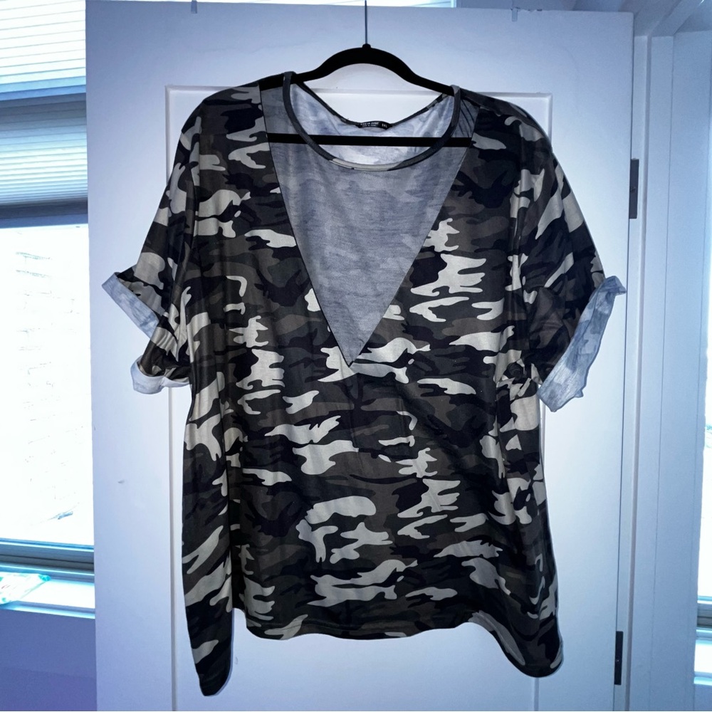 Oversized 5X Sheer Camo V Neck Style Blouse Camo